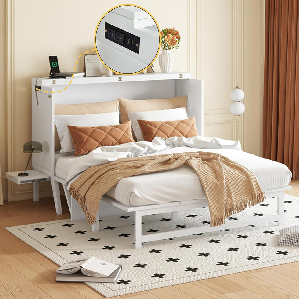 Queen Murphy Bed Cabinet with USB Ports and Removable Shelves, Solid Pine Foldable Wall Bed with Front Desk for Guest