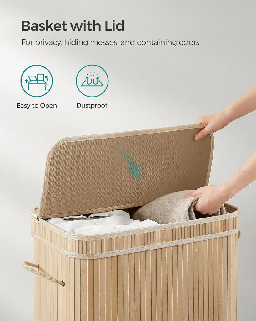 Laundry Hamper with Lid, Bamboo Laundry Basket, Removable Machine Washable Laundry Basket, with Handles