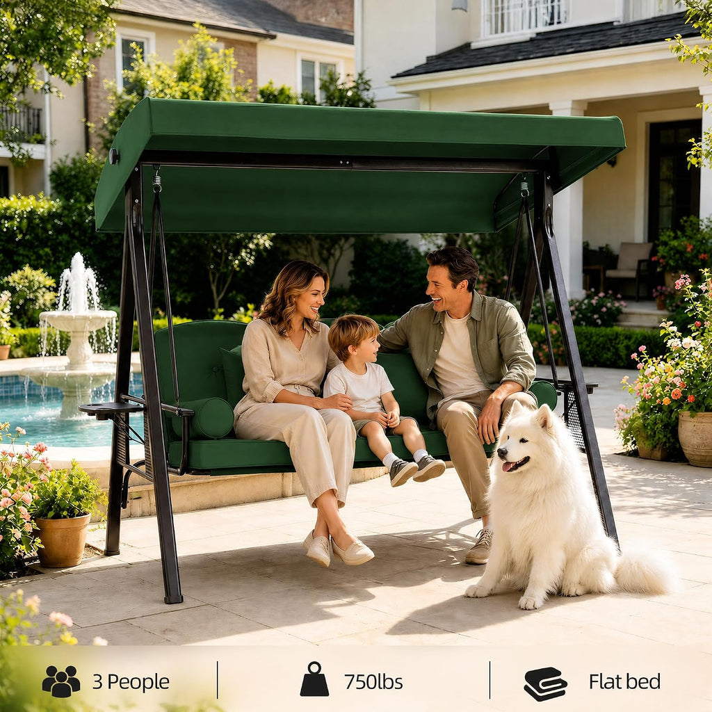 3 Person Patio Swing with Stand,3-in-1 Convertible Swing Bed,Adjustable Canopy,3.6" Thick Cushions,Side