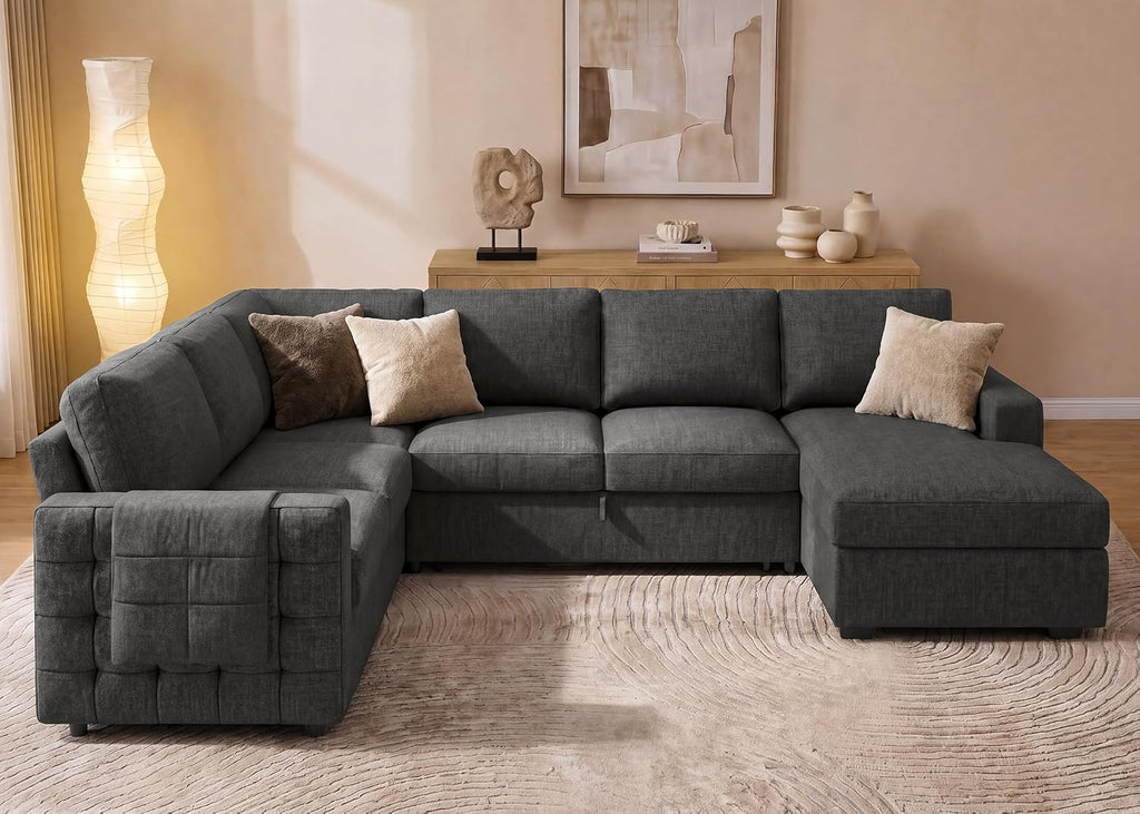 Sectional Couch with Pull Out Bed, U-Shaped Sectional Sleeper Sofa with Storage, 6 Seater Sectional Sofa Bed, Mid-Grey