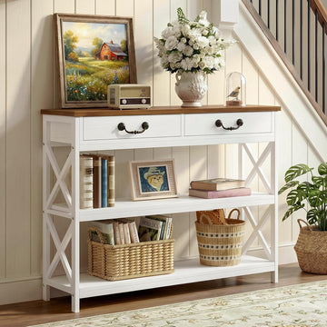 39.4" Farmhouse Console Table with Storage, White/Walnut