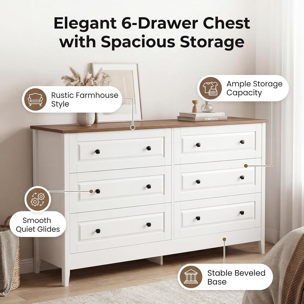 6 Drawer Chest of Drawers Living Room Entryway | Bedroom Furniture Chester, Stylish White Modern Painted Solid Wood