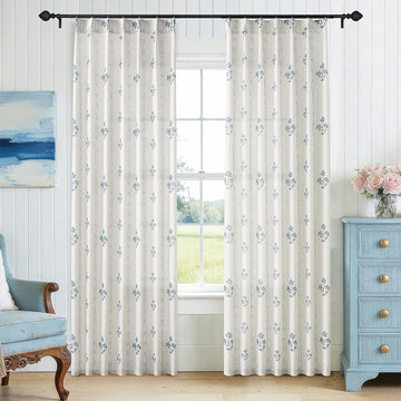 Blue Grey Pinch Pleated Floral Curtains for Living Dining Room Pinch Pleat Light Filtering Linen Semi