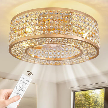 20" Caged Crystal Ceiling Fan with Lights Flush Mount Gold Fandelier Low Profile Chandelier Fan Enclosed Ceiling Fan