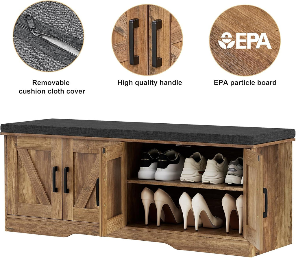 Farmhouse Shoe Storage Bench with 4 Barn Doors & Padded Seat Cushion | 47.2" Wide Entryway Bench with Adjustable