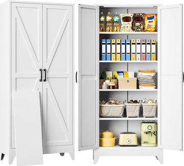 75" Tall Pantry Cabinet,Farmhouse Kitchen Pantry Storage Cabinets with 2 Doors and 5 Shelves,White Metal Storage