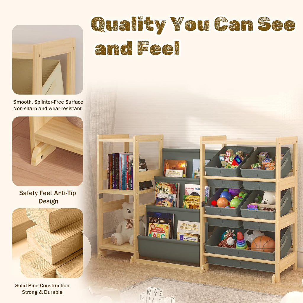 Kids Book and Toy Storage Organizer with Bins and Side Shelves | Solid pine wood frame with front book display for