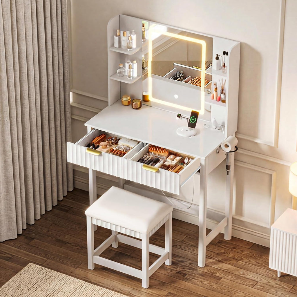 Vanity Desk with LED Mirror, 3 Lighting Modes and Chair | Small Makeup Vanity Table Set with Fluted Drawers, Dressing