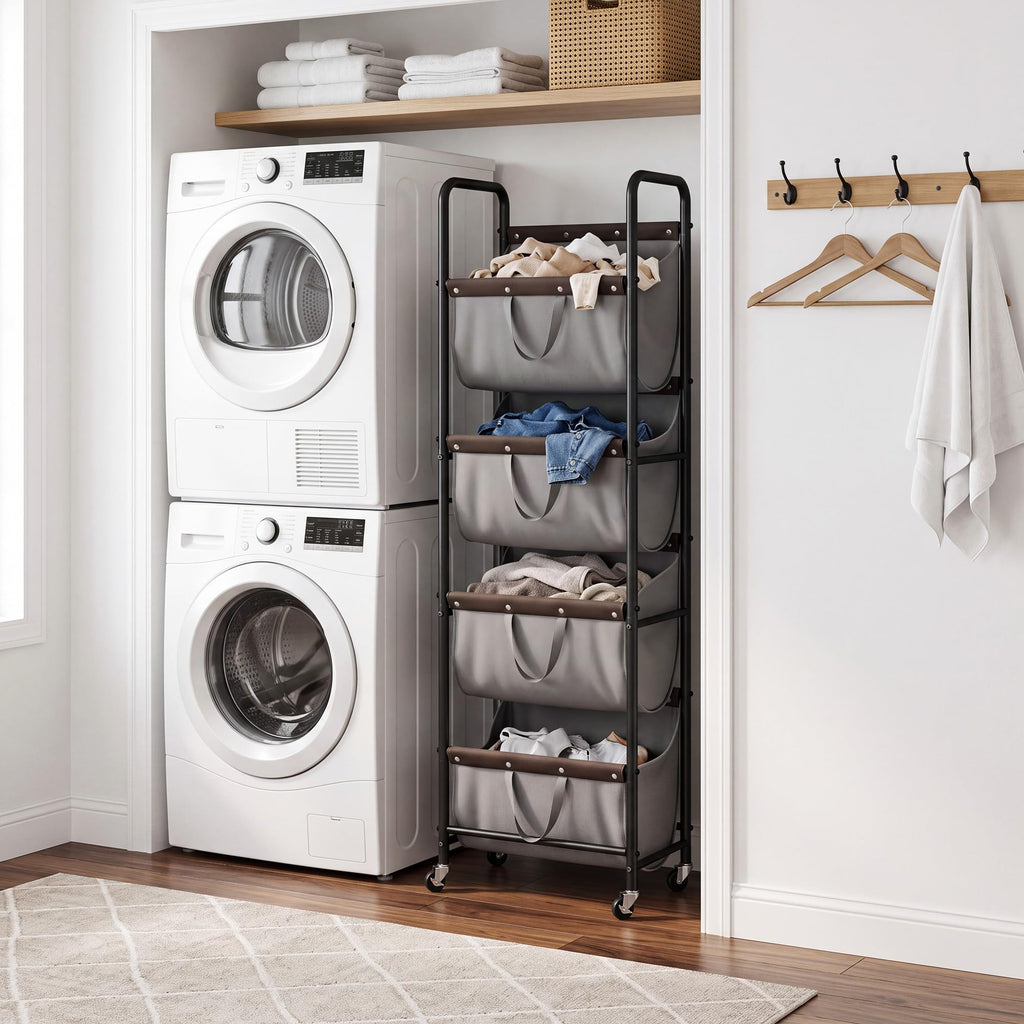 4 Tier Laundry Hamper with Wheels and Removable Bags, Grey
