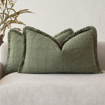 Set of 2 Decorative Linen Check Fringe Throw Pillow Covers Farmhouse Lumbar Cushion Covers Modern Boho Home Decor for