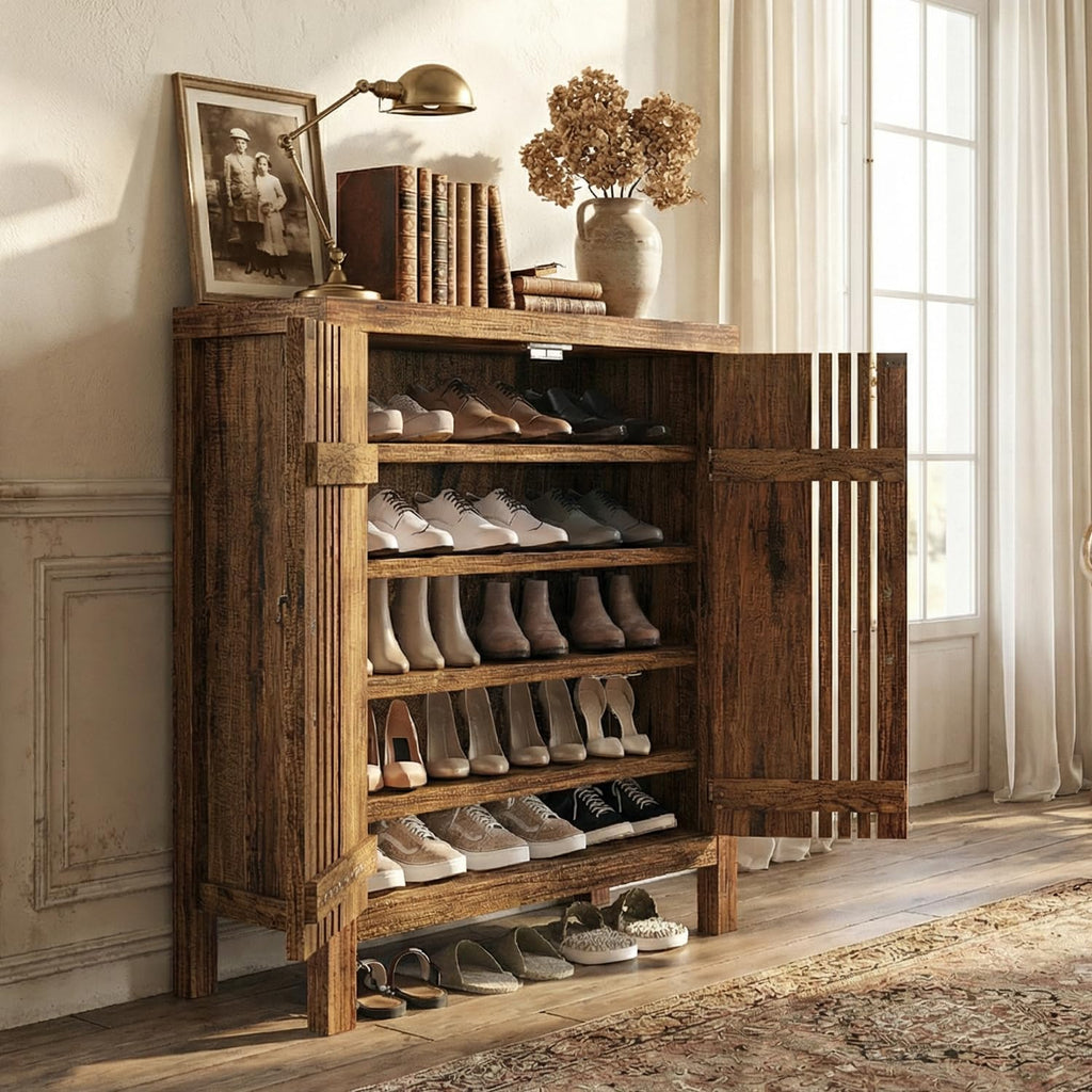 Shutter Doors 5-Tier Shoe Storage Cabinet with Adjustable Shelves, Wooden Entryway Cabinet Living Room, Freestanding