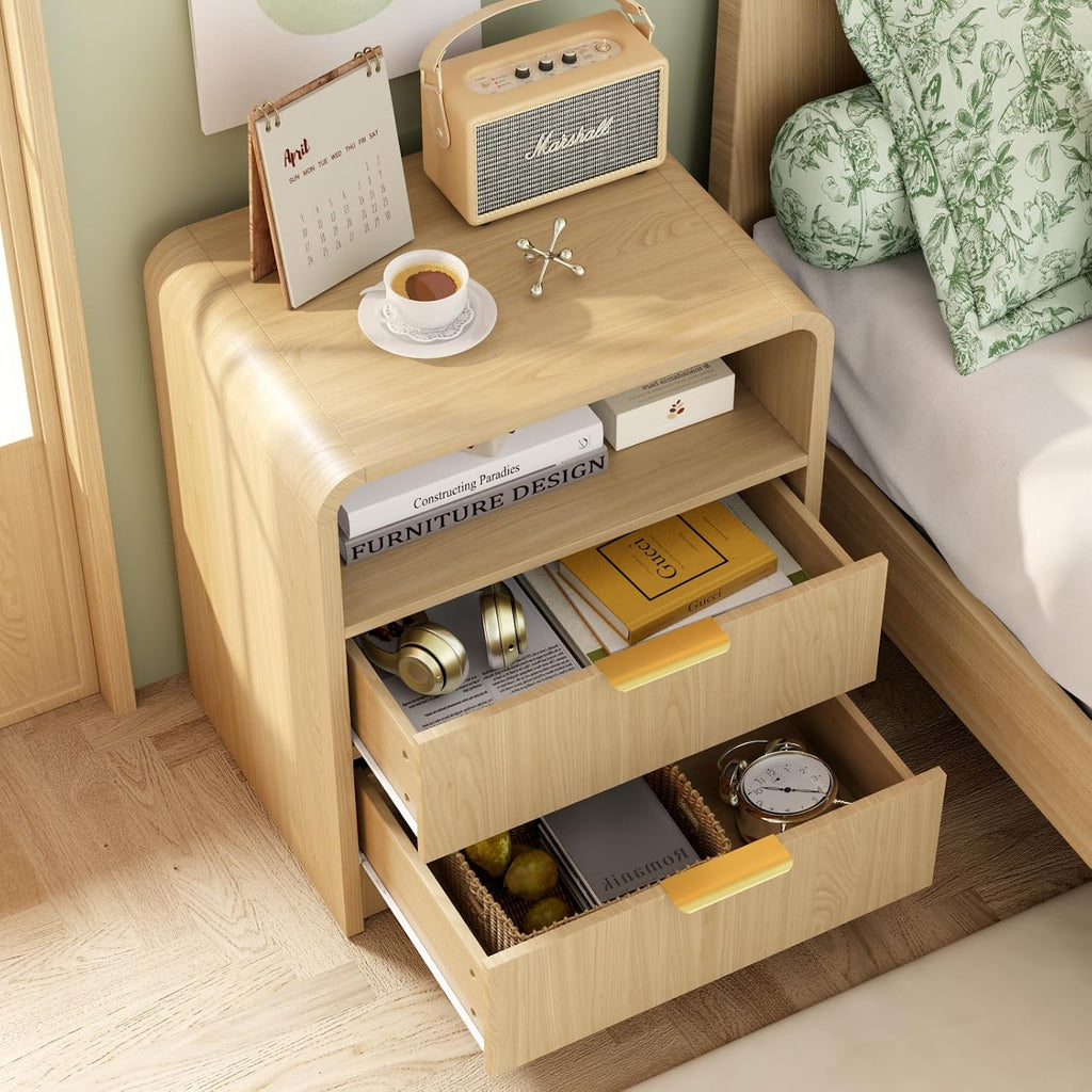 Modern Nightstand,Bedside Table,with 2 Drawers and Open Shelf, Oak Side Table, End Table ,Curved Profile