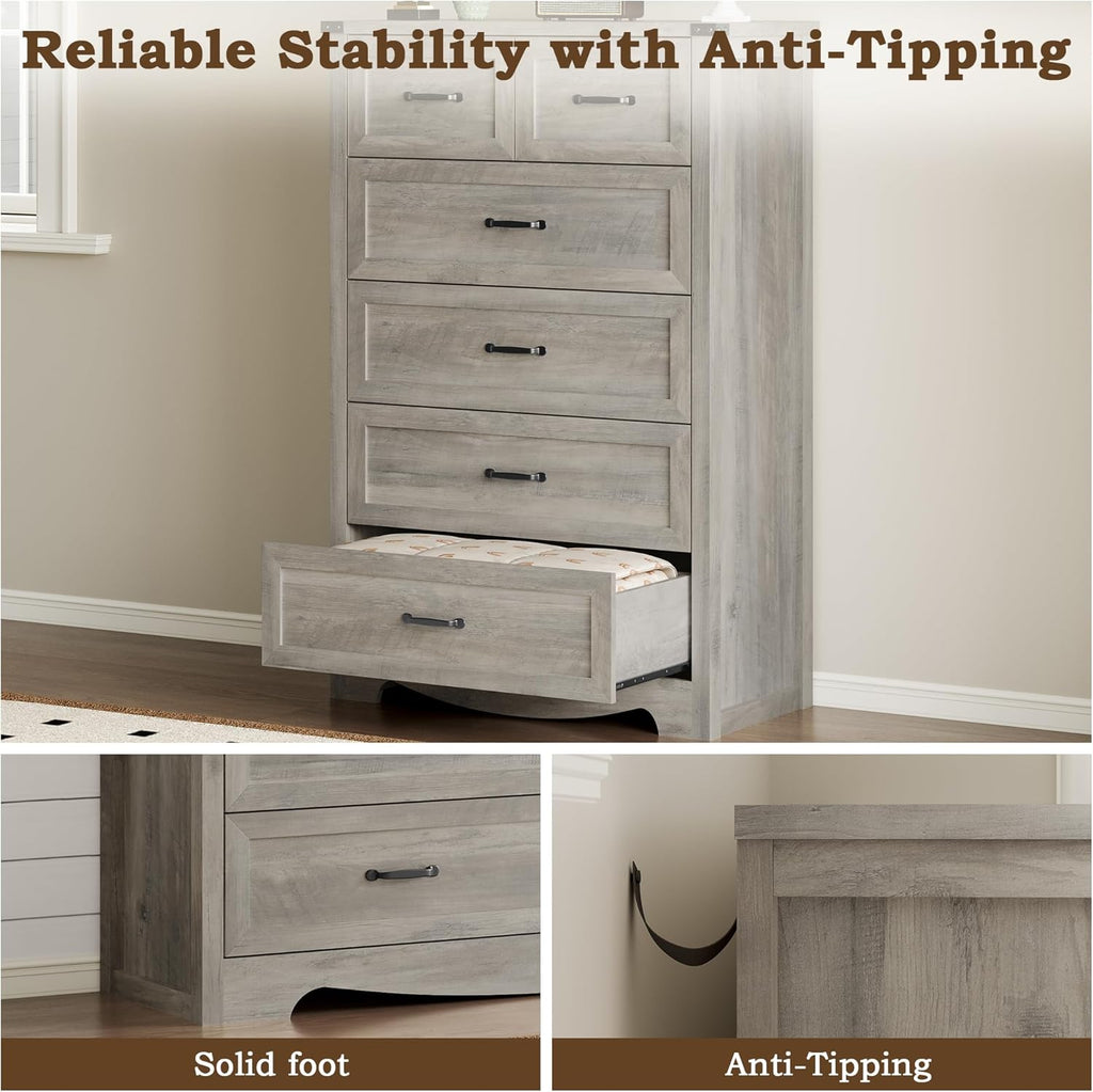 Tall 6-Drawer Dresser , Modern Wooden Chest of Drawers with Metal Handles, Anti-Tipping Design, Sturdy and Stable