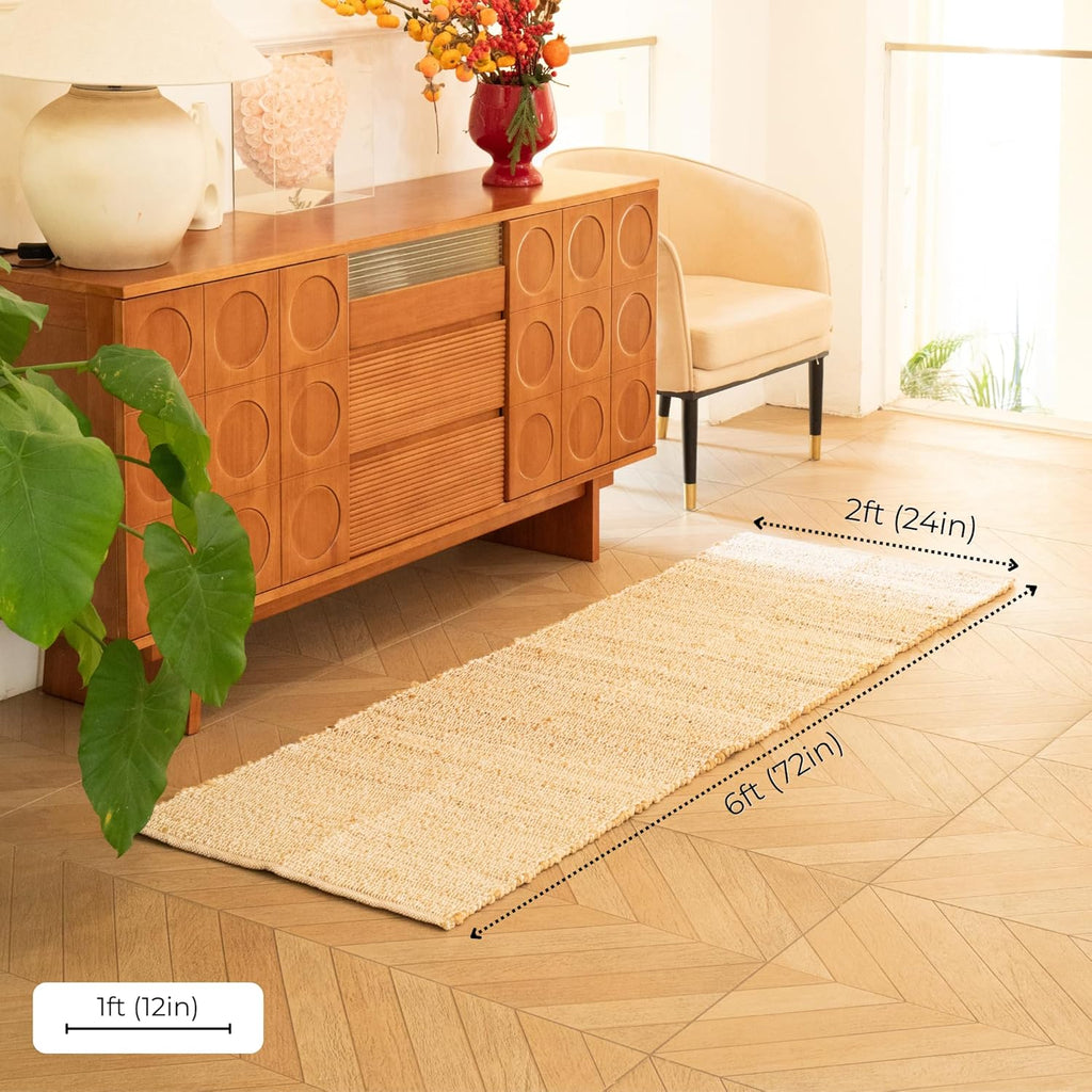 Jute-Cotton Rug 2x6 - Luxurious Natural Hallway Runner with Non-Slip Backing, Low-Profile Kitchen Ru
