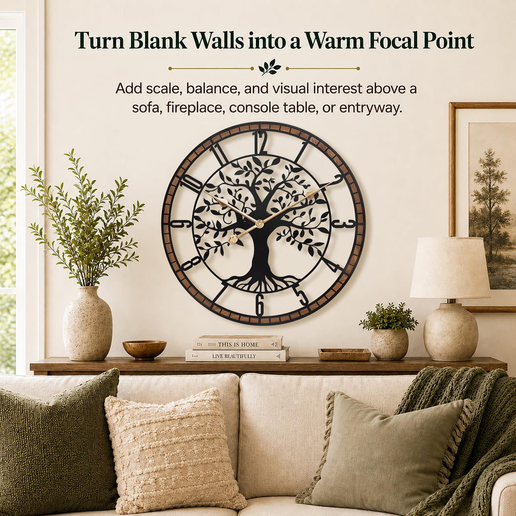 24 Inch Large Modern Metal Tree Wall Clock Decor, Wood Frame