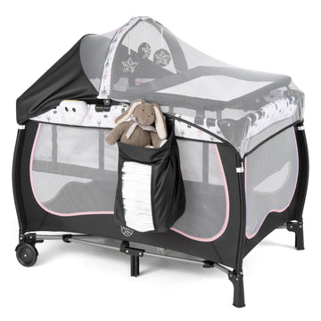 4 in 1 Play Yard, Portable Baby Playard with Bassinet, Adjustable Canopy, Changing Table, Lockable Wheels
