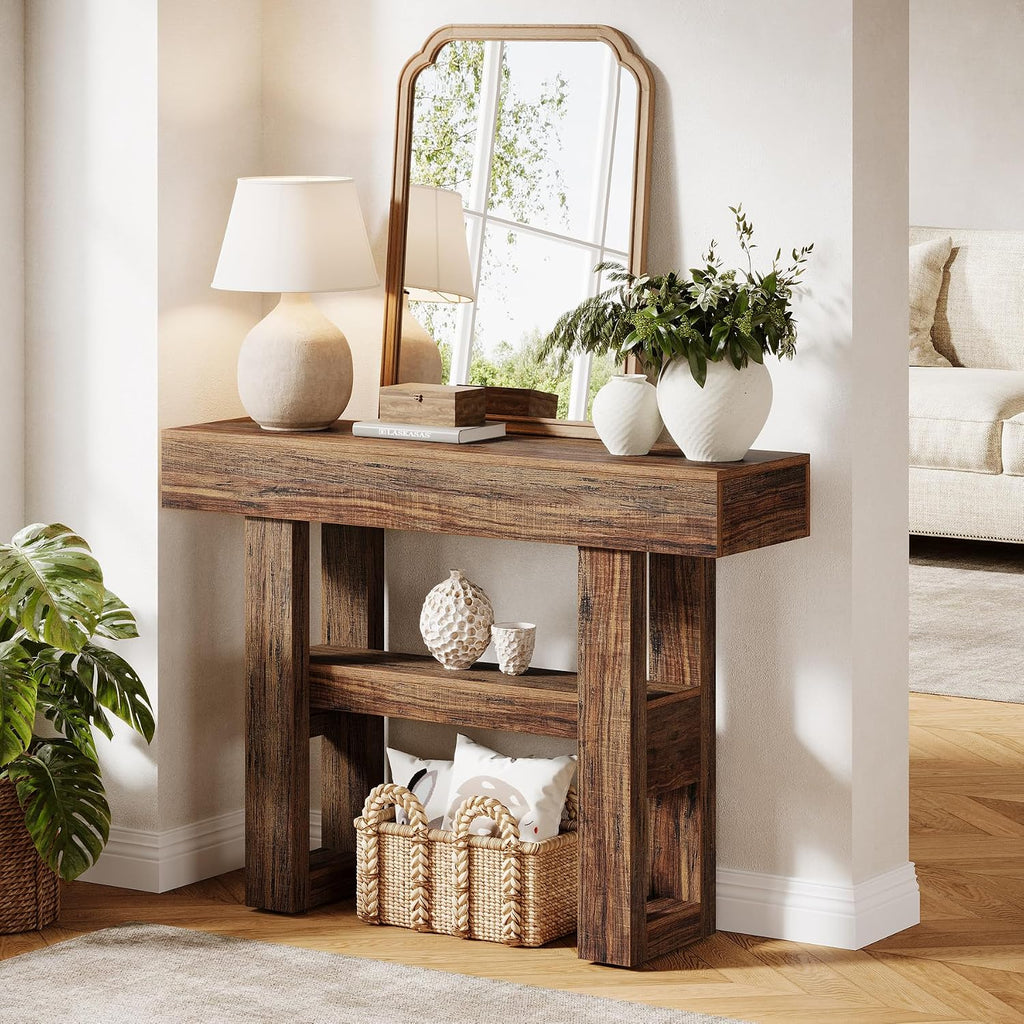41.34-Inch Farmhouse Console Table, 2-Tier Narrow Sofa Table Behind The Couch, Entryway Furniture with Storage