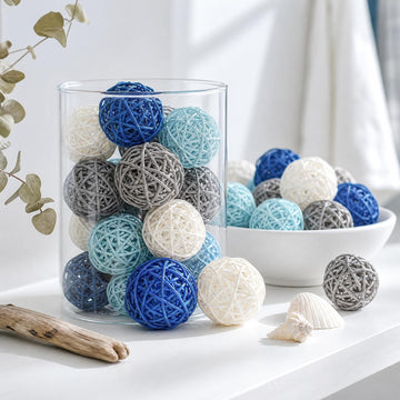 Blue Decorative Balls for Bowl Centerpiece, 2 Inch Rattan - Set of 24