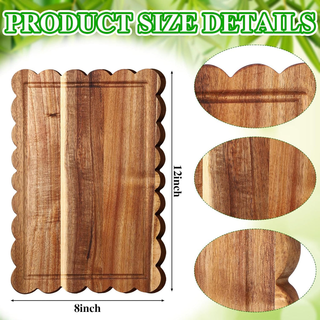 6 Pcs Acacia Wood Scalloped Charcuterie Trays Gift Set 12 x 8 Inch Wooden Serving Tray Cutting Board Bulk for Bread