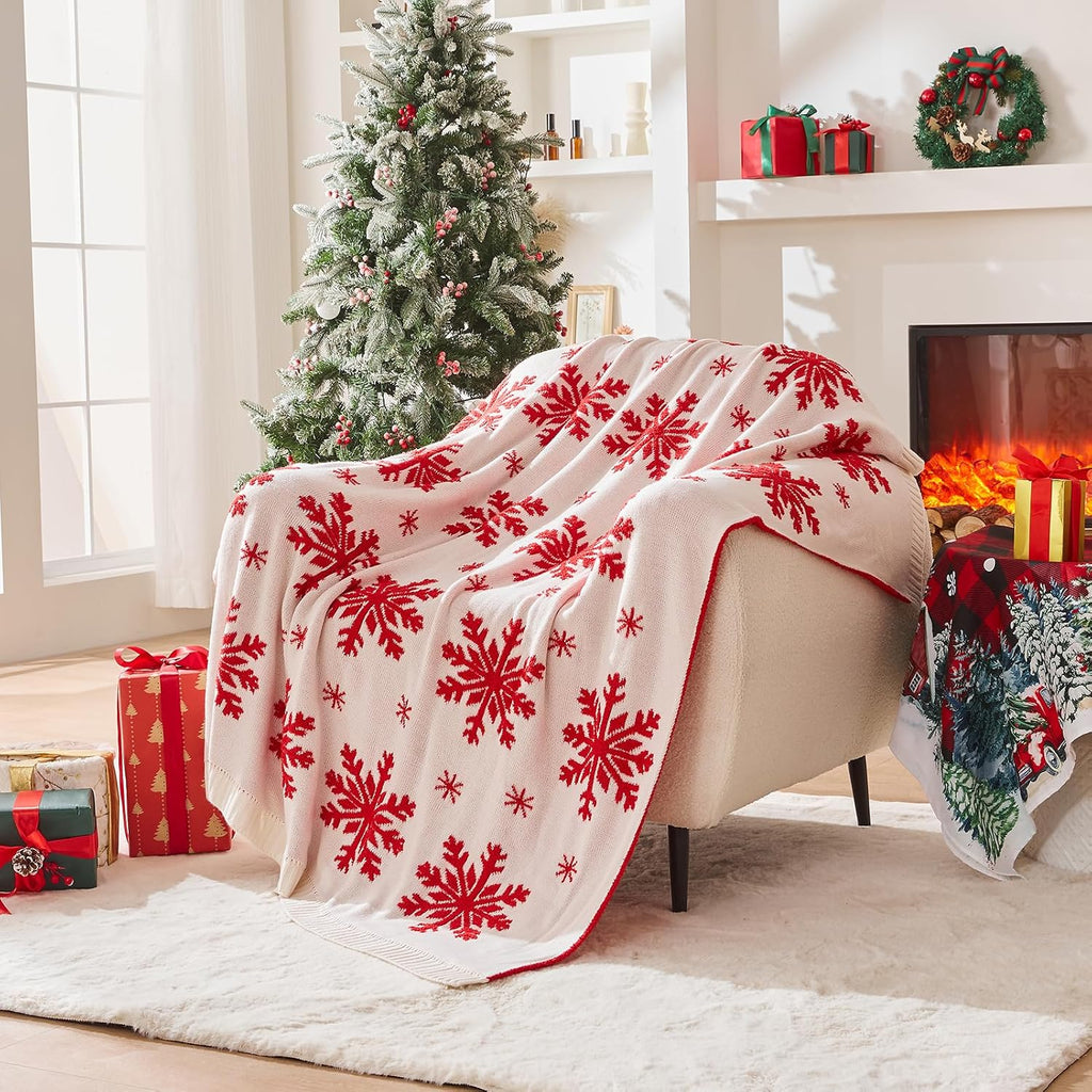 Reversible Knitted Throw Blanket, Red Christmas Snowflake, 60"x80"