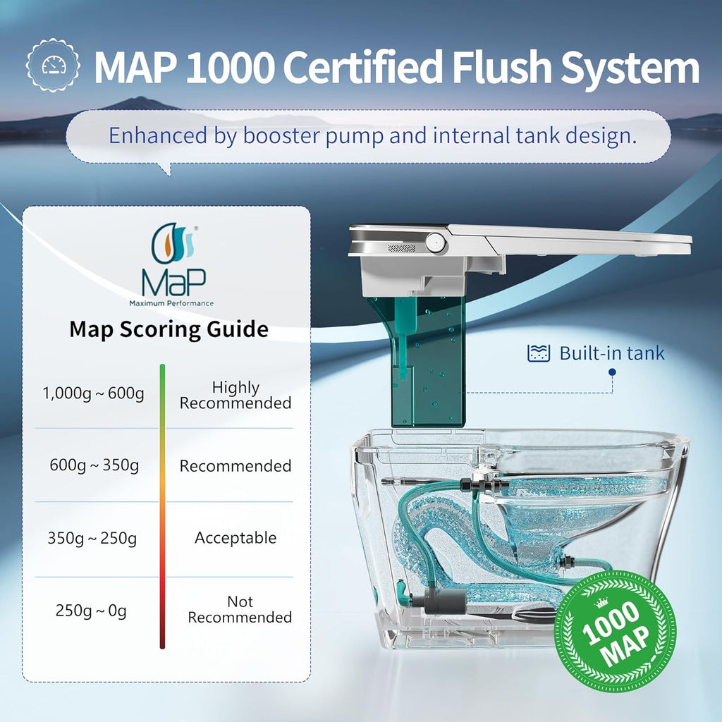 Smart Toilet with Built-In Bidet, Auto Open and Close, Customizable Wash, Pump-Assisted Flush, Foam System, Filter, Heated Seat, Deodorizer, Child Mode, ADA Comfort Height