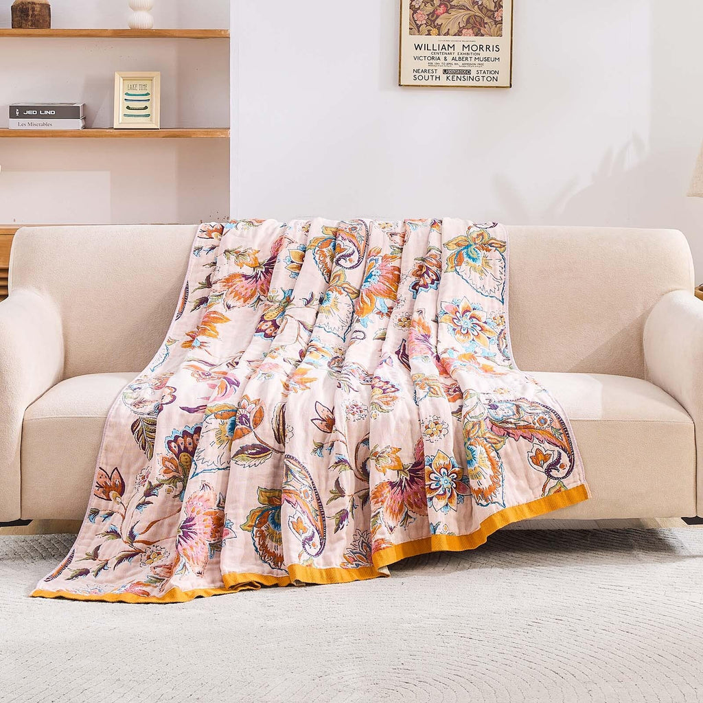Boho Throw Blanket for Bed, 100% Cotton Soft Rustic Quilt Fall Blanket, 90"x98" Floral Printed Farmhouse Decor Bed