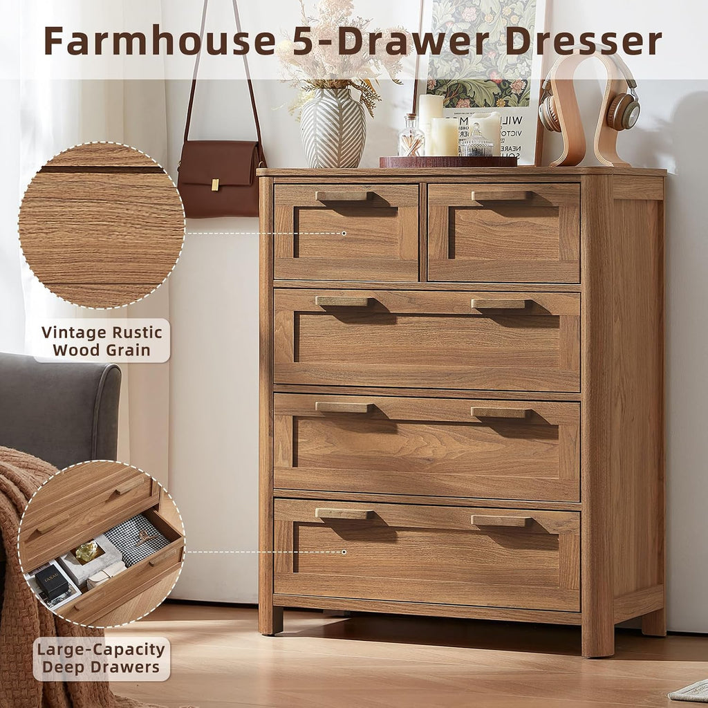 Farmhouse 5 Drawer Dresser , Brown | Vertical Dressers Chest of Drawers with 5 Deep Drawers & 4 Thickened Table Legs