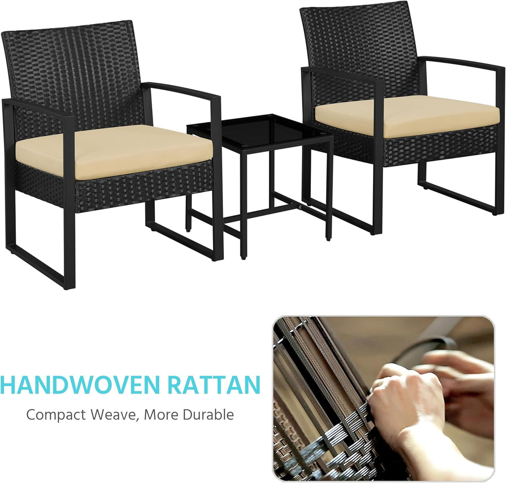 3 Pieces Rattan Bistro Set, Indoor/Outdoor Wicker Patio Modern Conversation Furniture