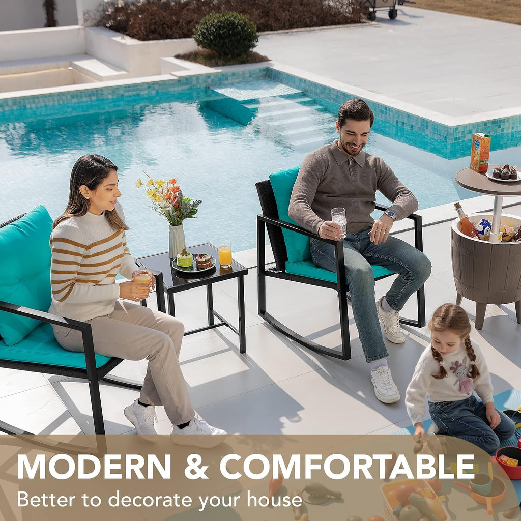 3 Pieces Patio Furniture Set Wicker Outdoor Rocking Chair, Blue | PE Rattan Patio Conversation Sets, Bistro Sets of 2