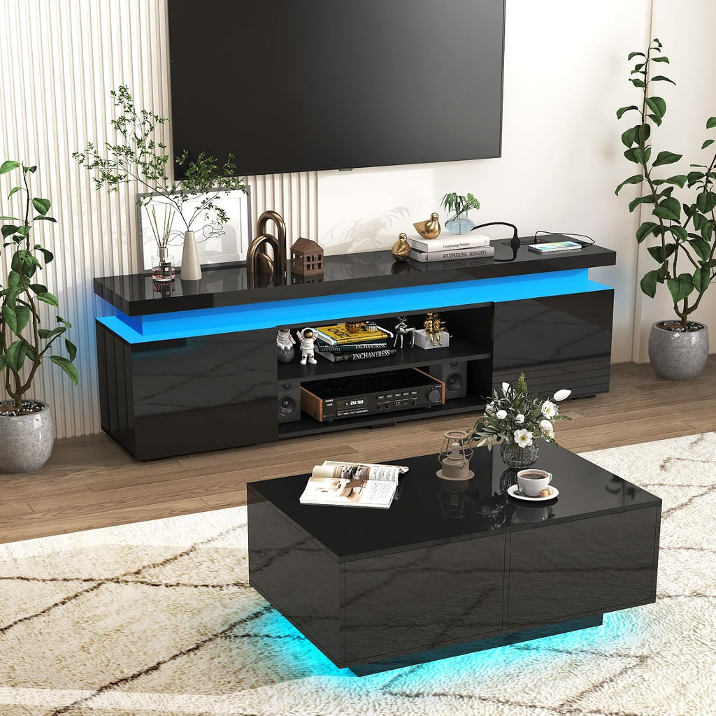 LED TV Stand for 75 Inch TV, Modern TV Stand with Power Outlet, High Gloss TV Console Entertainment Center with Storage and LED Lights for Living Room, Bedroom (66 Inch, Black)