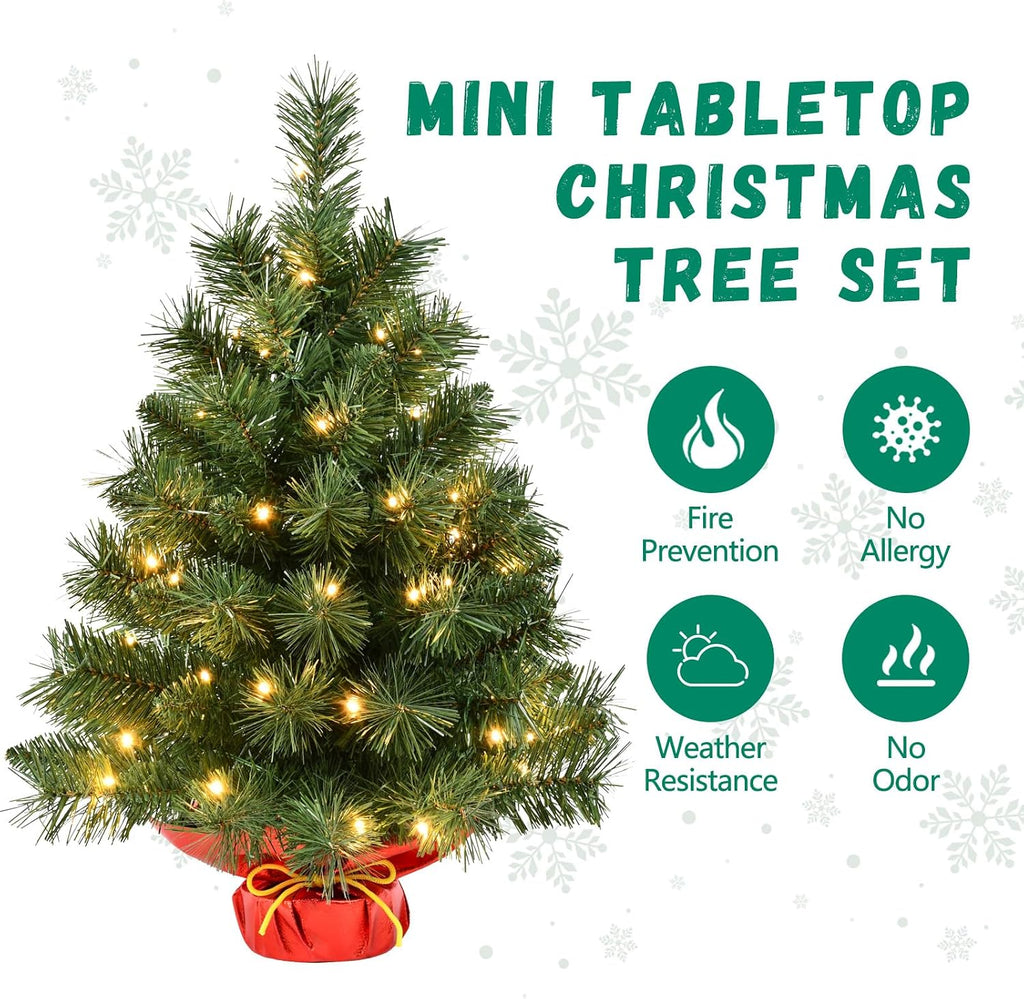 Pre-lit 2ft Small Christmas Tree, Artificial mini Christmas Tree with 50 LED Lights, Battery Operated Tabletop Xmas