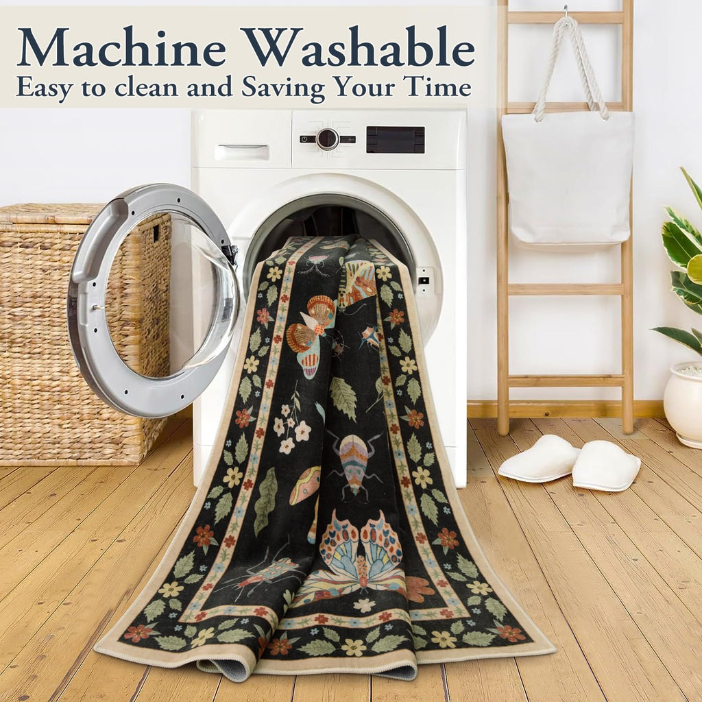 Insect Washable Entryway Runner Rug 2x6, Botanical Bug Hallway Rug