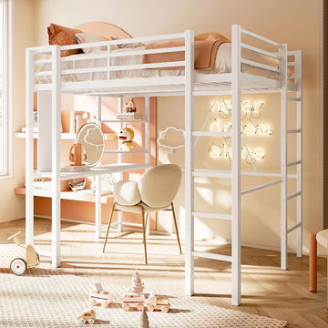 Metal Twin Loft Bed with Desk, Twin Loft Bed with 2 Built-in Ladders & Safety Guard, Noise Free for Small Bedroom