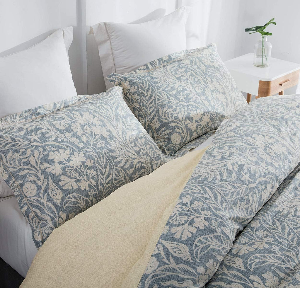 Duvet Cover Queen, 600 Thread Count Cotton Beige & Bluish Grey Printed with Luxurious Leaves Pattern Reversible - Set of 3