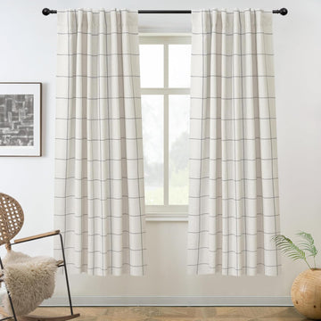 100% Blackout Plaid Linen Curtains 2 Panels Gray