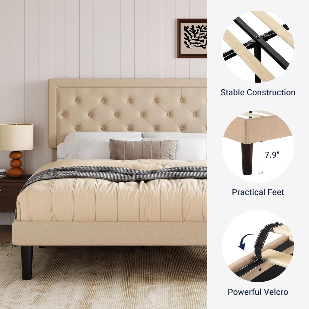 Queen Button Tufted/Fabric Upholstered Bed Frame with Adjustable Headboard/Wood Slat Support/Mattress Foundation/Beige