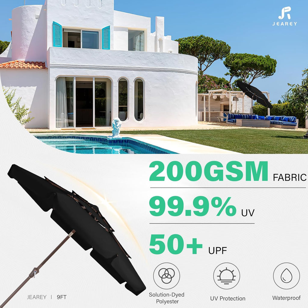 3 Tiers 9 FT Patio Umbrellas Outdoor Table Umbrella with Push Button Market Umbrella 8 Sturdy Ribs UV Protection - Black