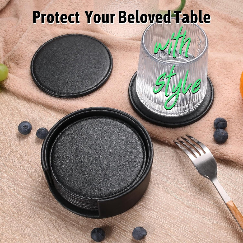 Drink Coasters with Holder, 4" Leather Coasters for Drinks for Tabletop Protection, Elegant Home Decor & - Set of 6