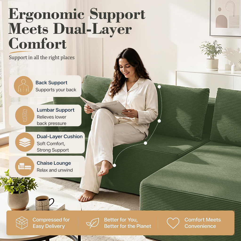 98" Cloud Sectional Boneless Couches, Modular L Shaped Corduroy Sofa with Left Facing Chaise, Dual-Layer