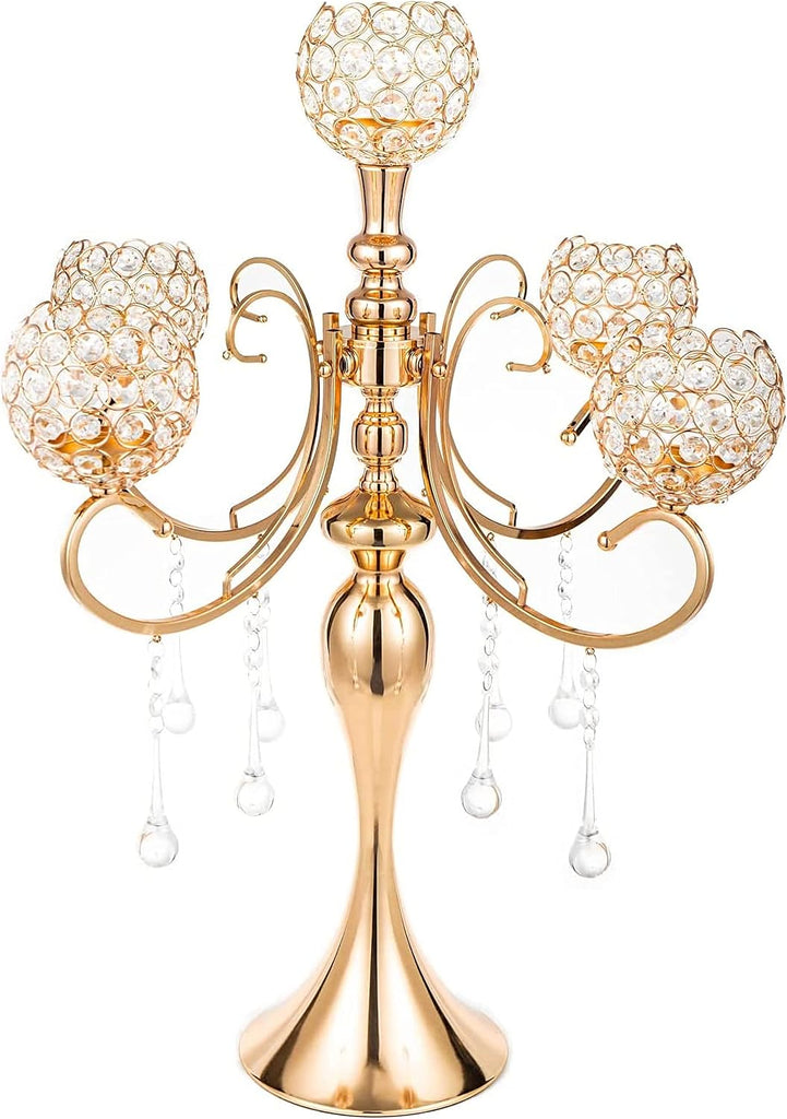 5 Arms Gold Candelabra Centerpiece 26 Inches Tall Chandelier Crystal Beaded Candle Holders for Table Centerpiece