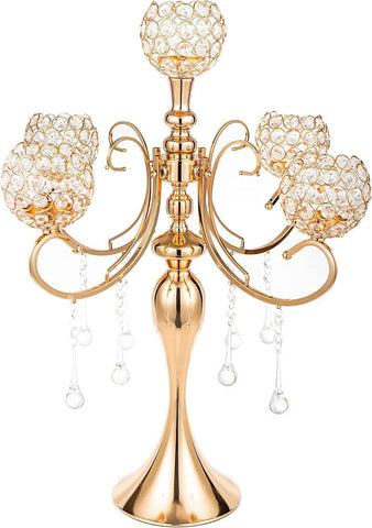 5 Arms Gold Candelabra Centerpiece 26 Inches Tall Chandelier Crystal Beaded Candle Holders for Table Centerpiece
