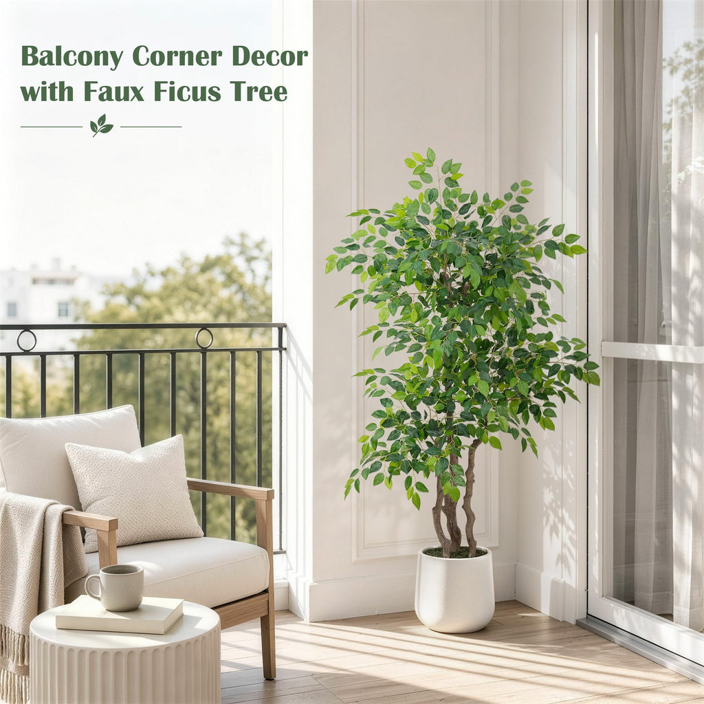 Ficus Tree Artificial 5 Ft with White Planter, Triple Natural Trunks, Dense Layered Foliage, 60" Tall Artificial Ficus