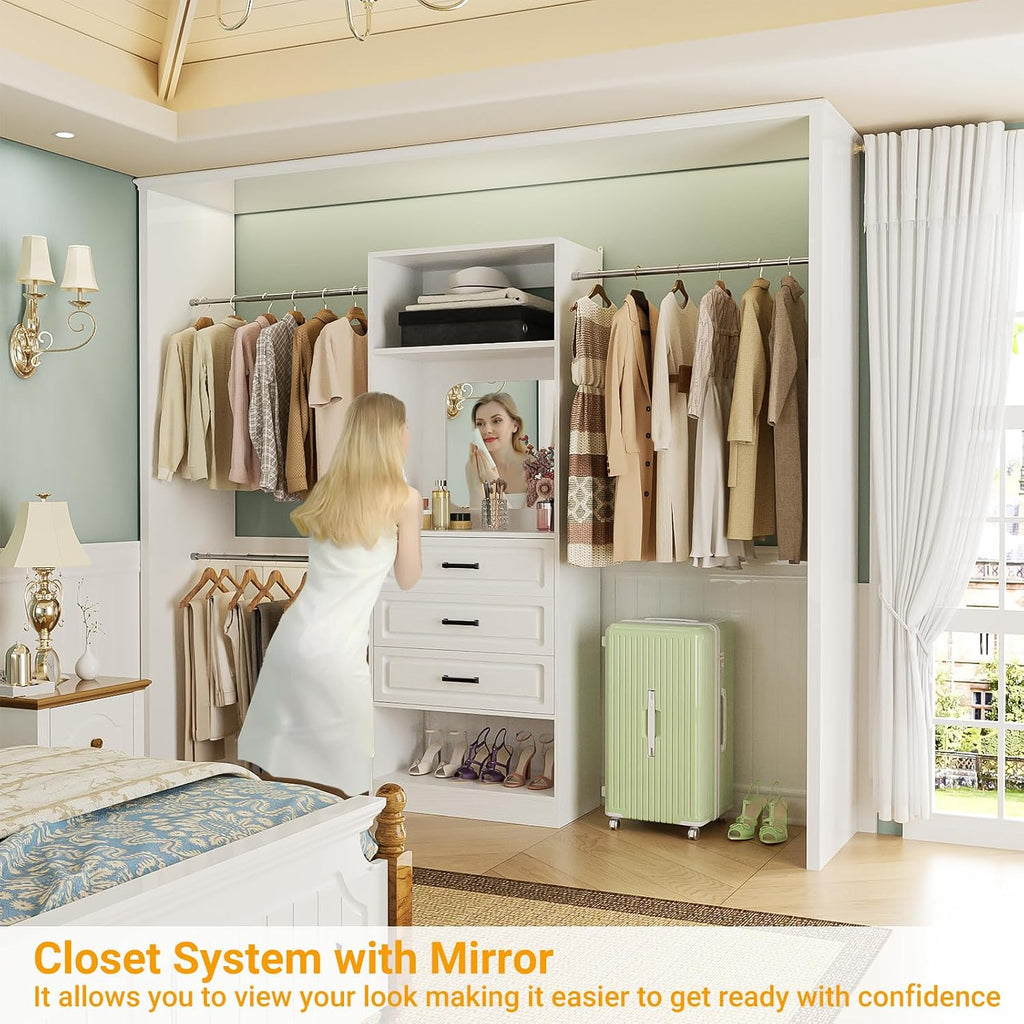 48" W - 96" W Closet System with Mirror, 8FT Walk in Closet Organizer Kits with Drawers and 3 Extendable Hanging Rod