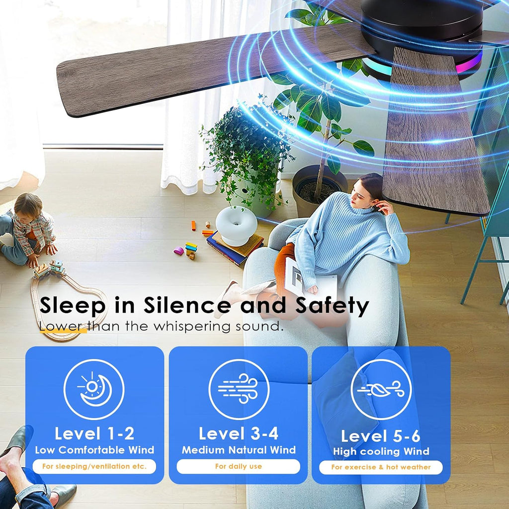 46In RGB Ceiling Fans with Lights - Black Flush Mount Ceiling Fan Light with Remote/APP, RGB+3CCT 6 Wind Speeds, Modern Low Profile Fan Light Fixture for Party, Kid's Room