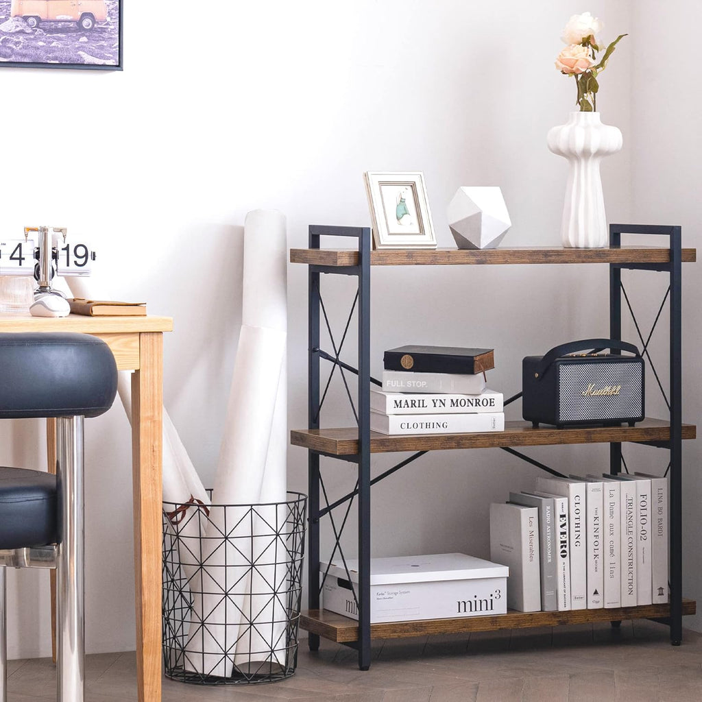 Bookshelf, 3-Tier Industrial Bookcase, Rustic Open Book Shelf, Wood and Metal Horizontal Bookshelves