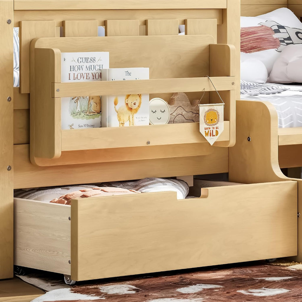 Twin Floor Bed with Stairs, Rails and Slats, Twin Size Montessori Floor Bed with Bookshelf and 2 Storage Drawers