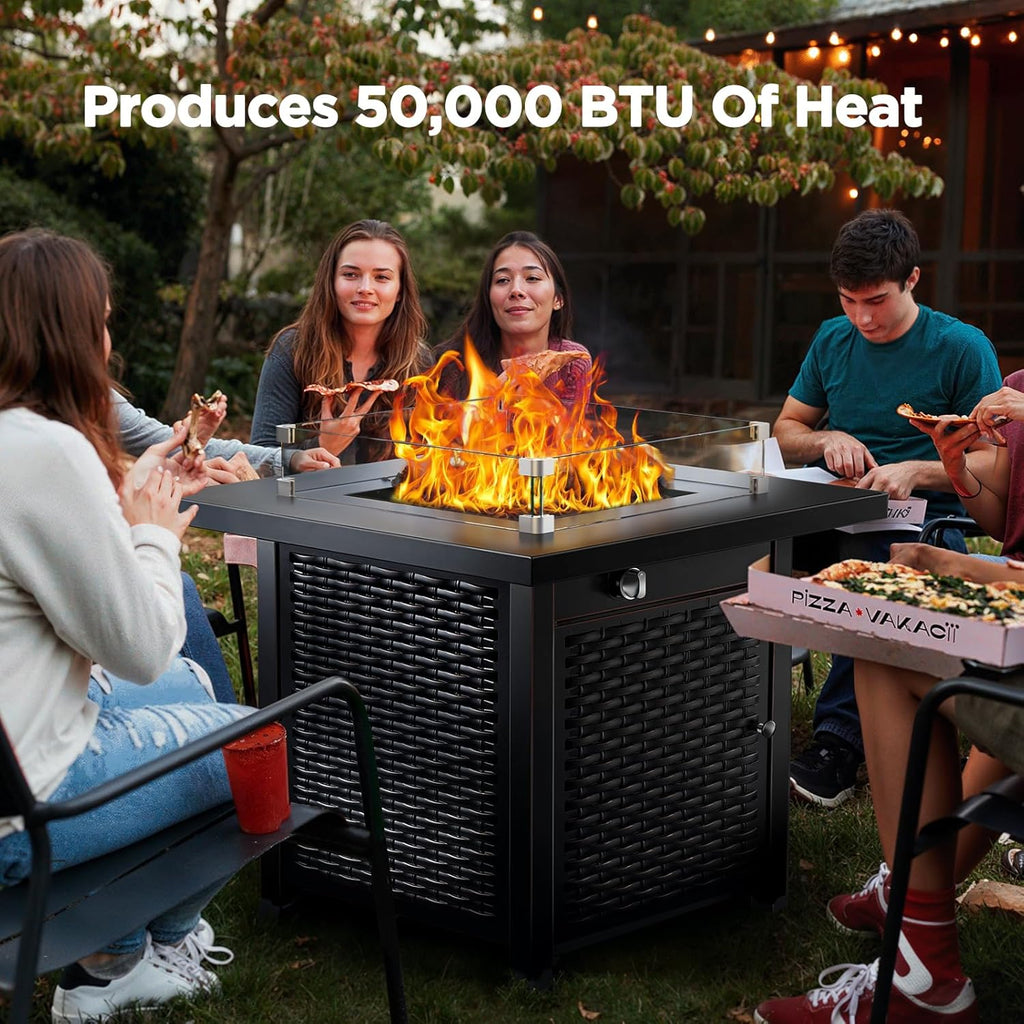 Propane Fire Pit, 28″ Outdoor Gas Fire Pit, 50,000 BTU Steel Fire Table with Glass Wind Guard, Lid & Lava Rock