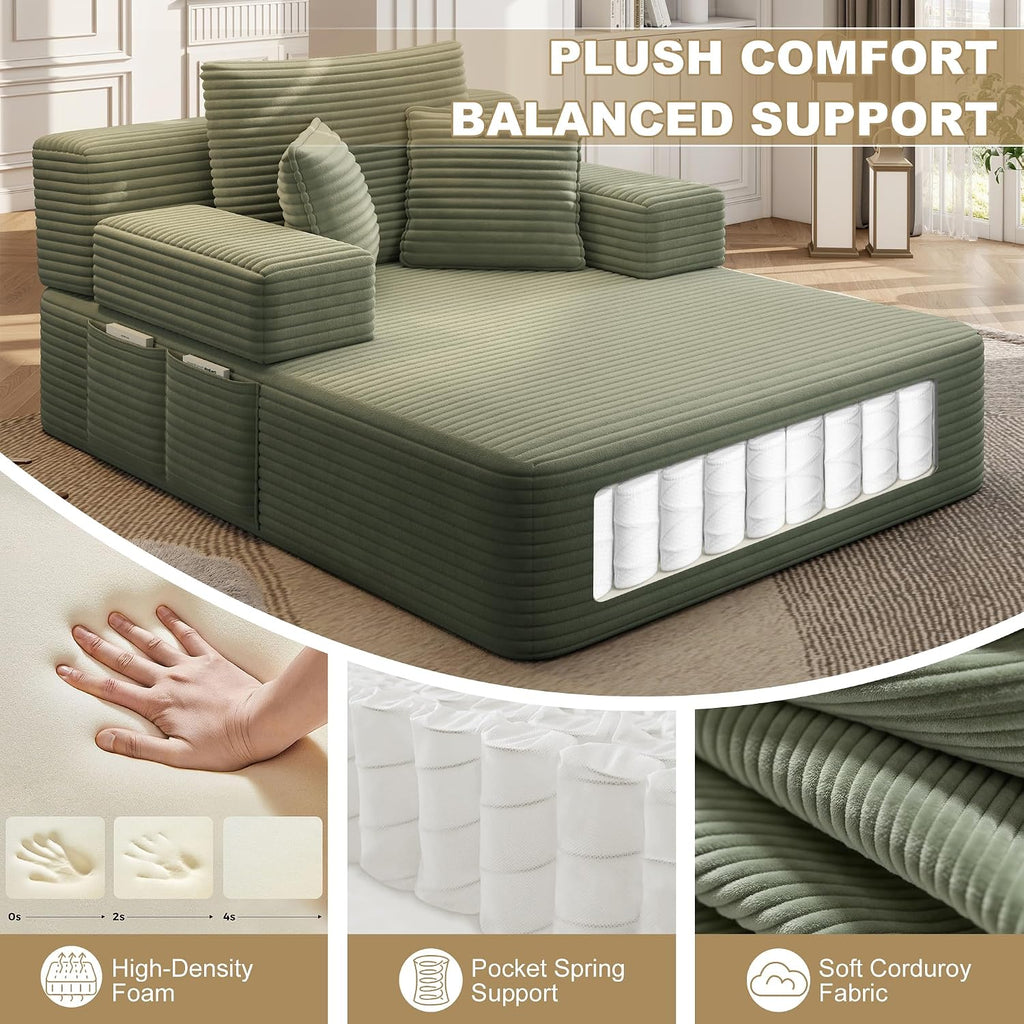 60.2" Oversized Chaise Lounge Chair, Boneless Corduroy Cloud Couch, Deep Seat Convertible Sofa Bed with 3 Pillows