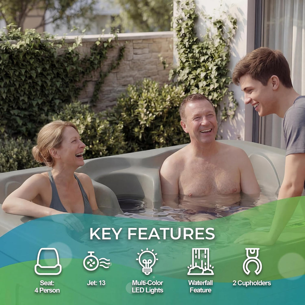 4-Person Plug & Play 13-Jet Hot Tub Spa, Thermal Cover and Steps | Home Outdoor Backyard Spa with 13 Jets and