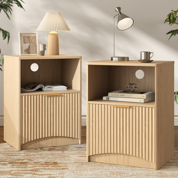 Fluted Nightstands Set of 2 with Drawer & Open Shelf